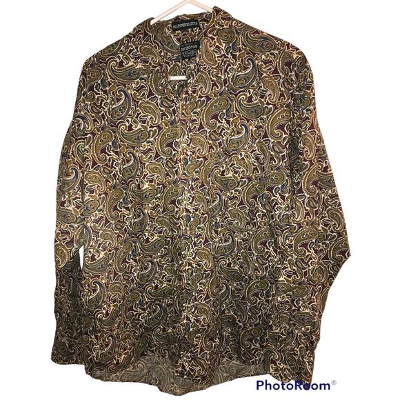 Gitman Brothers Nordstrom Dress Shirt Men's Large Paisley Print Olive Navy Vtg - Picture 2 of 6
